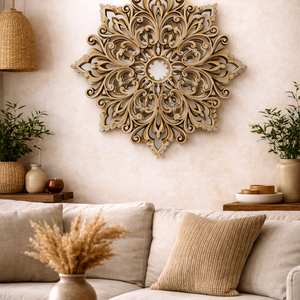 3D Mandala - Arany Virágzás, Otthon & Életmód, Dekoráció, Spiritualitás, Mandala, Famegmunkálás, Festett tárgyak, Az "Arany Virágzás" egy lézervágott, 3D hatású mandala rétegelt fából, arany színű festéssel. Finom..., MESKA