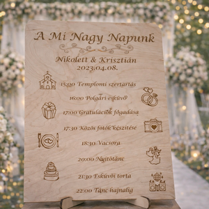 Esküvői Programterv, Esküvő, Dekoráció, Tábla & Jelzés, Famegmunkálás, Gravírozás, pirográfia, MESKA