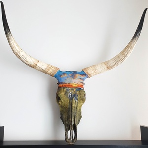 Szürkemarha koponya/trófea kézzel festett horotbágyi naplemente festménnyel - Meska.hu