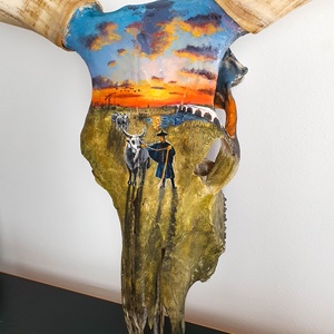 Szürkemarha koponya/trófea kézzel festett horotbágyi naplemente festménnyel - művészet - más művészeti ág - Meska.hu