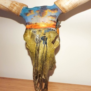 Szürkemarha koponya/trófea kézzel festett horotbágyi naplemente festménnyel - művészet - más művészeti ág - Meska.hu