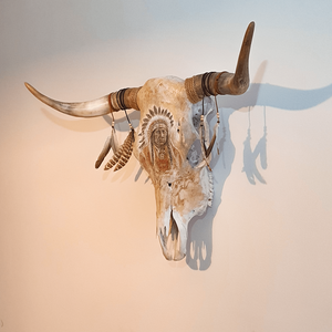 SavageSkullz Valódi tehén bika trófeára/koponyára dekorált indián arckép, kézzel festve és gravírozva - otthon & életmód - dekoráció - fali és függő dekoráció - falra akasztható dekor - Meska.hu