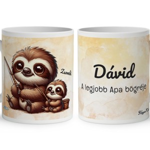 Névvel kérhető - Cuki lajhár Apa és gyermeke horgásznak mintás bögre, Otthon & Életmód, Konyhafelszerelés, tálalás, Tálalás, Bögre & Csésze, , MESKA