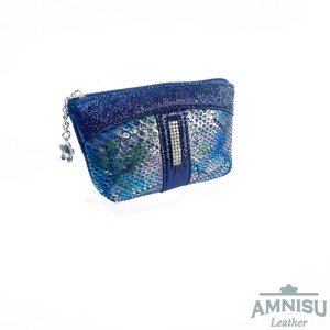 Metál sötétkék - kígyómintás egy cipzáras egyenes swarovski köves bőr kulcstartó E6008 - Meska.hu