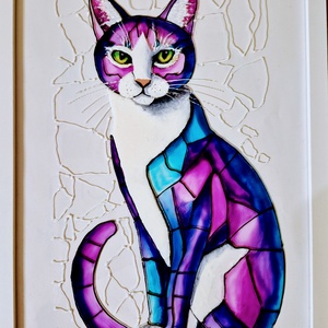 Lila cica, Művészet, Festmény, Üvegfestmény, Festészet, Festett tárgyak, MESKA