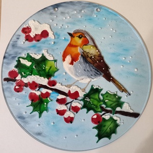 Vörösbegy havas ágon üvegfestmény, Művészet, Festmény, Üvegfestmény, , MESKA