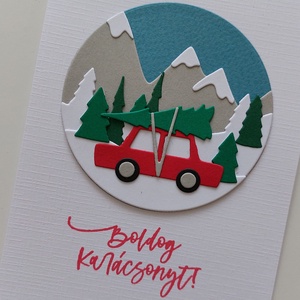 Piros autós karácsonyi képeslap - karácsony - karácsonyi ajándékozás - karácsonyi képeslap, üdvözlőlap, ajándékkísérő - Meska.hu
