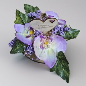 Szülőköszöntő virágbox elegáns orchideás lilás üveg vázában - Meska.hu