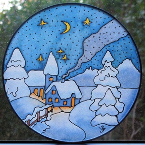 Karácsonyi havas templom selyem ablakkép mandala - karácsony - adventi díszek - adventi ablakdekoráció - Meska.hu