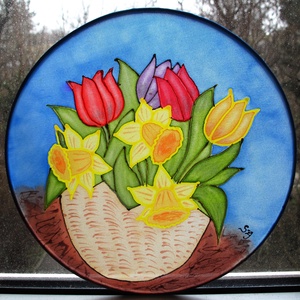Tulipán, nárcisz kosár selyem mandala ablakkép - otthon & életmód - dekoráció - ajtó- és ablak dekoráció - ablakdísz - Meska.hu