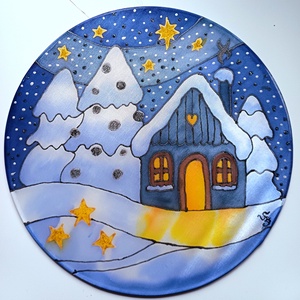 Karácsonyi havas házikó selyem ablakkép mandala - Meska.hu