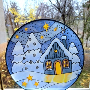 Karácsonyi havas házikó selyem ablakkép mandala - karácsony - adventi díszek - adventi ablakdekoráció - Meska.hu