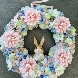 Húsvéti virágos koszorú, Ünnepi díszek, dekorációk, Húsvéti díszek és dekorációk, Húsvéti ajtódísz, kopogtató, Virágkötés, MESKA