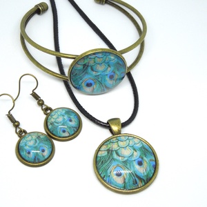 Pávatollas cabochon, üveglencsés fülbevaló és medál és karperec, Ékszer, Ékszerszett, Ékszerkészítés, Üvegművészet, MESKA