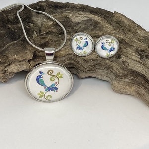 Népi motívum, madárkás cabochon, üveglencsés füli és medál - ékszer - ékszerszett - Meska.hu
