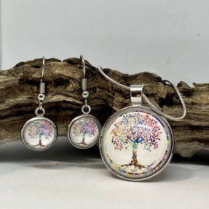 Életfa motívum, szivárvány cabochon, üveglencsés füli és medál - Meska.hu