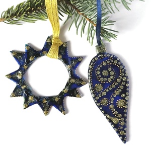 Csepp és csillag formájú kék  üveg karácsonyfadísz arany díszítéssel - Meska.hu