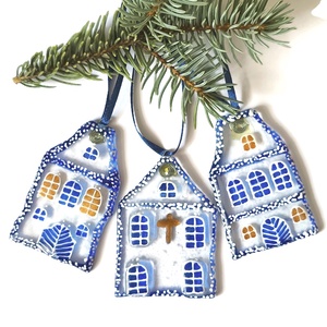 Havas házak  üveg karácsonyfadísz - Meska.hu