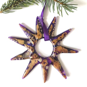Lila  csillag  üveg karácsonyfadísz arany diszítéssel, Karácsony, Karácsonyi lakásdekoráció, Karácsonyfadíszek, Üvegművészet, MESKA