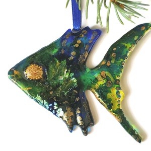 Zöld hal,  üveg karácsonyfadísz, Karácsony, Karácsonyi lakásdekoráció, Karácsonyfadíszek, Üvegművészet, MESKA