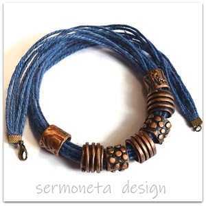 Bronz csőgyöngy nyaklánc ékszergyurmából, többsoros színes kenderzsinórra fűzve, Ékszer, Nyaklánc, Gyöngyös nyaklánc, Ékszerkészítés, Gyurma, MESKA