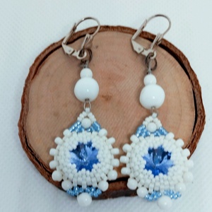 Kék-fehér csillag fülbevaló, Ékszer, Fülbevaló, Lógó fülbevaló, Gyöngyfűzés, gyöngyhímzés, MESKA