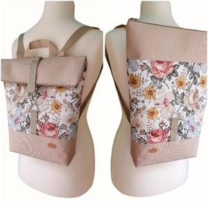 Bézs virágos Roll Top Vízálló Hátizsák / Hátitáska - Több méret - táska & tok - hátizsák - roll top hátizsák - Meska.hu