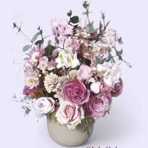 Vintage rózsaszín csokor szürke kaspóban , Otthon & Életmód, Dekoráció, Asztal és polc dekoráció, Asztaldísz, Virágkötés, MESKA