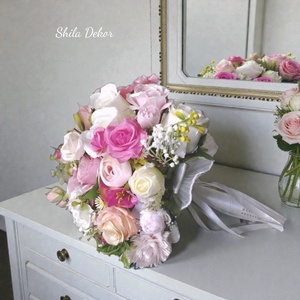 Rózsaszín menyasszonyi örökcsokor , Esküvő, Menyasszonyi- és dobócsokor, Virágkötés, MESKA