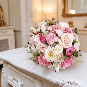 Menyasszonyi csokor rózsaszín , Esküvő, Menyasszonyi- és dobócsokor, Virágkötés, MESKA