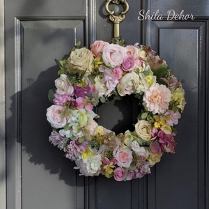 Tavaszi ajtódísz rózsaszín , Ünnepi díszek, dekorációk, Húsvéti díszek és dekorációk, Húsvéti ajtódísz, kopogtató, Virágkötés, MESKA