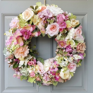 Tavaszi ajtódísz rózsaszín , Ünnepi díszek, dekorációk, Húsvéti díszek és dekorációk, Húsvéti ajtódísz, kopogtató, Virágkötés, MESKA