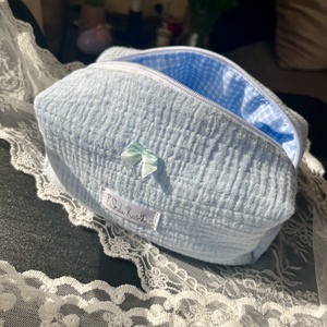 'Luna' Beauty Case pamut neszesszer masnival és kockás béléssel - táska & tok - neszesszer - Meska.hu