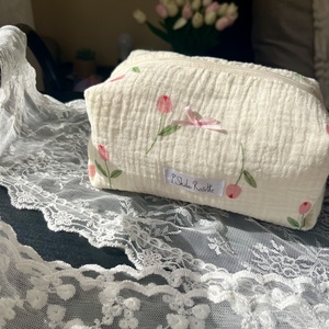 'Elodie' Beauty Bag pamut tulipános neszesszer masnis béléssel, Táska & Tok, Neszesszer, Varrás, MESKA