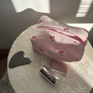 'Clara' Beauty Bag pamut cseresznyés neszesszer rózsaszín masnival - táska & tok - neszesszer - Meska.hu