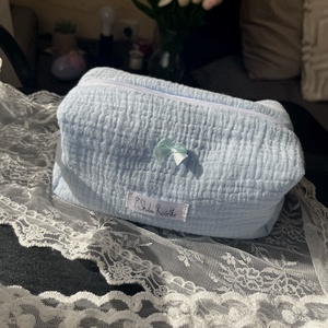 'Luna' Beauty Bag pamut neszesszer masnival és kockás béléssel - táska & tok - neszesszer - Meska.hu