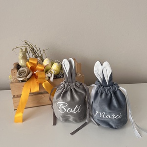 Bársony nyuszifüles zsák, tojásgyűjtő húsvéti szütyő, feliratos nyuszis húsvéti zsák gyerekeknek - Meska.hu