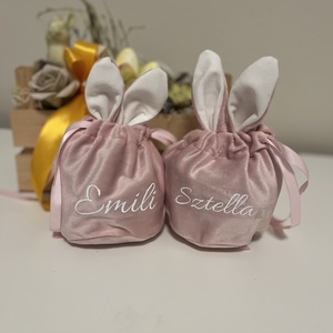 Bársony nyuszifüles zsák, tojásgyűjtő húsvéti szütyő, feliratos nyuszis húsvéti zsák gyerekeknek - otthon & életmód - papír, írószer - ajándékozás kellékei - ajándékzsák, csomagolás - Meska.hu