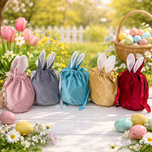 Bársony nyuszifüles zsák, tojásgyűjtő húsvéti szütyő, feliratos nyuszis húsvéti zsák gyerekeknek, Ünnepi díszek, dekorációk, Húsvéti díszek és dekorációk, Húsvéti ajándékátadó, Mindenmás, MESKA