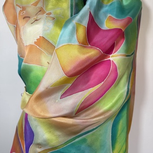 Mesés, kézzel festett selyemsál cicával � szivárvány színekben, Ruha & Divat, Sál, Sapka, Kendő, Stóla, Selyemfestés, MESKA