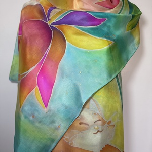 Mesés, kézzel festett selyemsál cicával � szivárvány színekben - ruha & divat - sál, sapka, kendő - stóla - Meska.hu