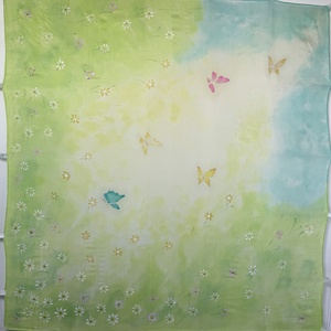 Kézzel festett selyemkendő � virágos, zöld-pasztell árnyalatokkal, 74x74 cm - ruha & divat - sál, sapka, kendő - kendő - Meska.hu