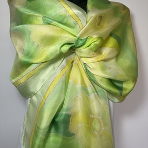 Kézzel festett selyemsál � elegáns zöld arany tónusokkal � 100% hernyóselyem � 45x180 cm - Meska.hu
