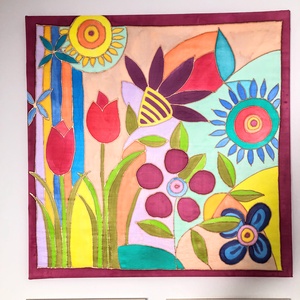 Színes virágos selyemkép festmény (50c50 cm), Művészet, Textilkép, Egyéb, Selyemfestés, MESKA