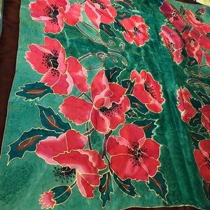 Piros pipacsos nagyméretű őszi kézzel festett selyemkendő sál - ruha & divat - sál, sapka, kendő - kendő - Meska.hu