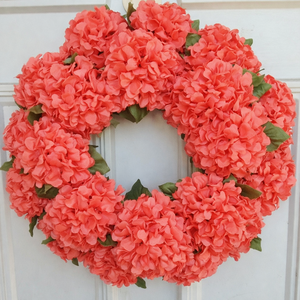38 cm-Hortenzia ajtó koszorú korall, Otthon & Életmód, Dekoráció, Ajtó- és ablak dekoráció, Ajtódísz & Kopogtató, Mindenmás, Virágkötés, MESKA