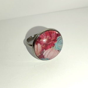 Gyűrű - bordó/türkiz virág mintás, Ékszer, Gyűrű, Üveglencsés gyűrű, Ékszerkészítés, Meska