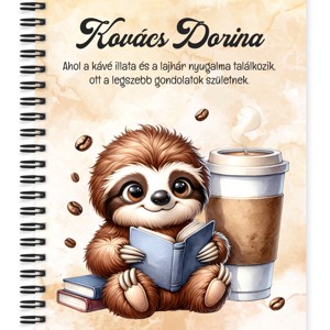 Személyre szabható - Kis kávés lajhár és a könyv mintás A5-ös füzet, Otthon & Életmód, Papír, írószer, Jegyzetfüzet & Napló, , MESKA
