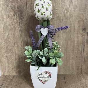 Textil tulipán kaspóban. Mintás, Otthon & Életmód, Dekoráció, Asztal és polc dekoráció, Asztaldísz, Varrás, MESKA