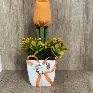 Textil tulipán kaspóban. Narancs, Otthon & Életmód, Dekoráció, Asztal és polc dekoráció, Asztaldísz, Varrás, MESKA